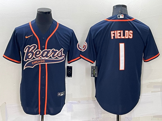 Men's Chicago Bears #1 Justin Fields Navy Cool Base Stitched Baseball Jersey